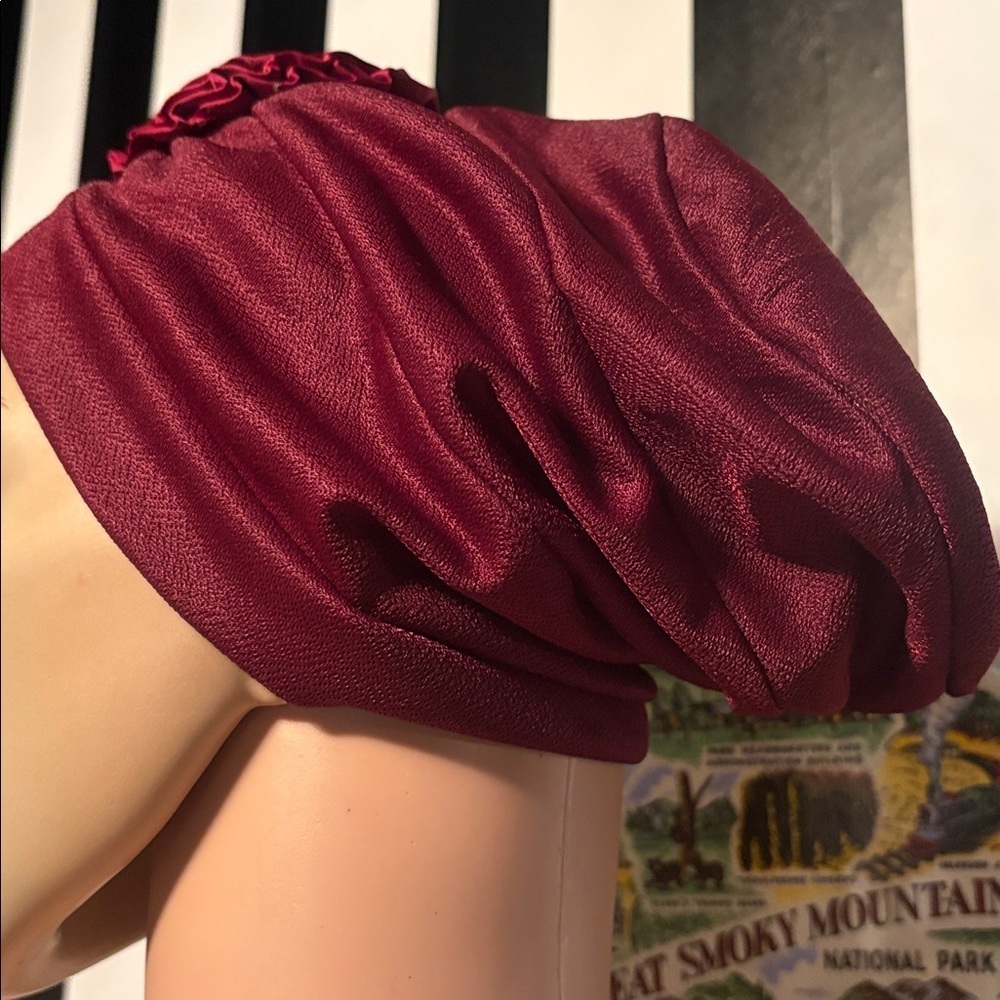 Vintage 1970s Burgundy Turban with Floral Accent - Picture 13 of 15